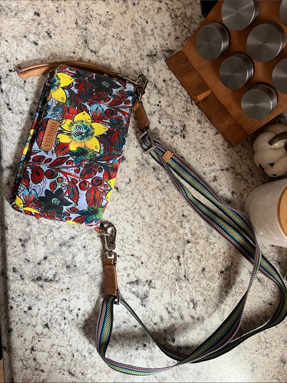 Consuela Multicolor Floral Crossbody with Striped Strap